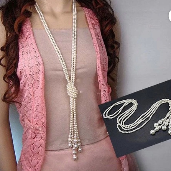 VINTAGE FAUX PEARL TASSEL LONG DOUBLE NECKLACE - Picture 1 of 15
